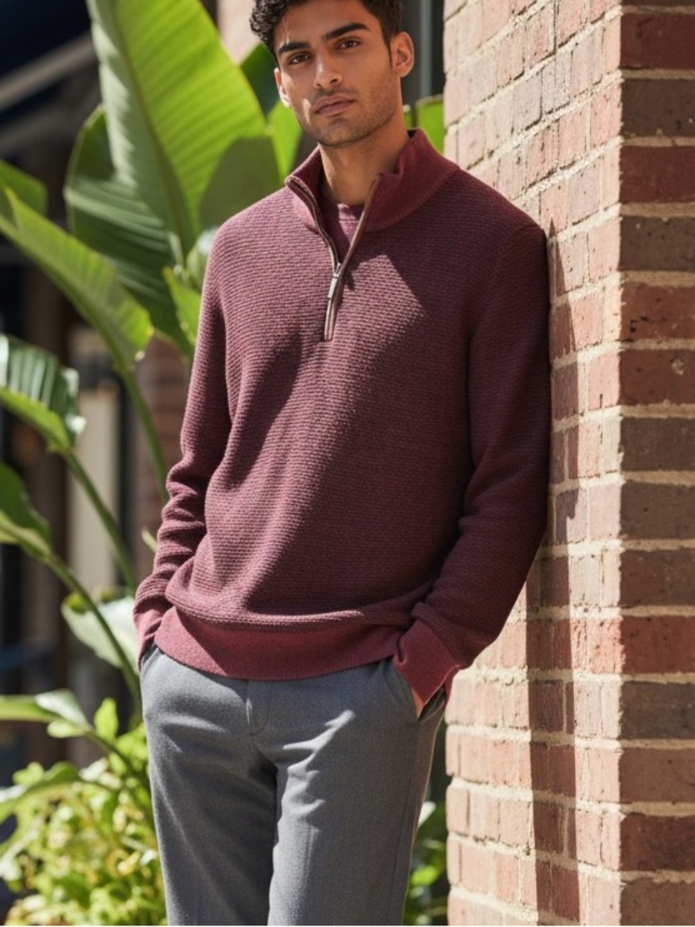 Untuckit quarter-zip long sleeve burgundy Merino Wool sweater Men’s Large